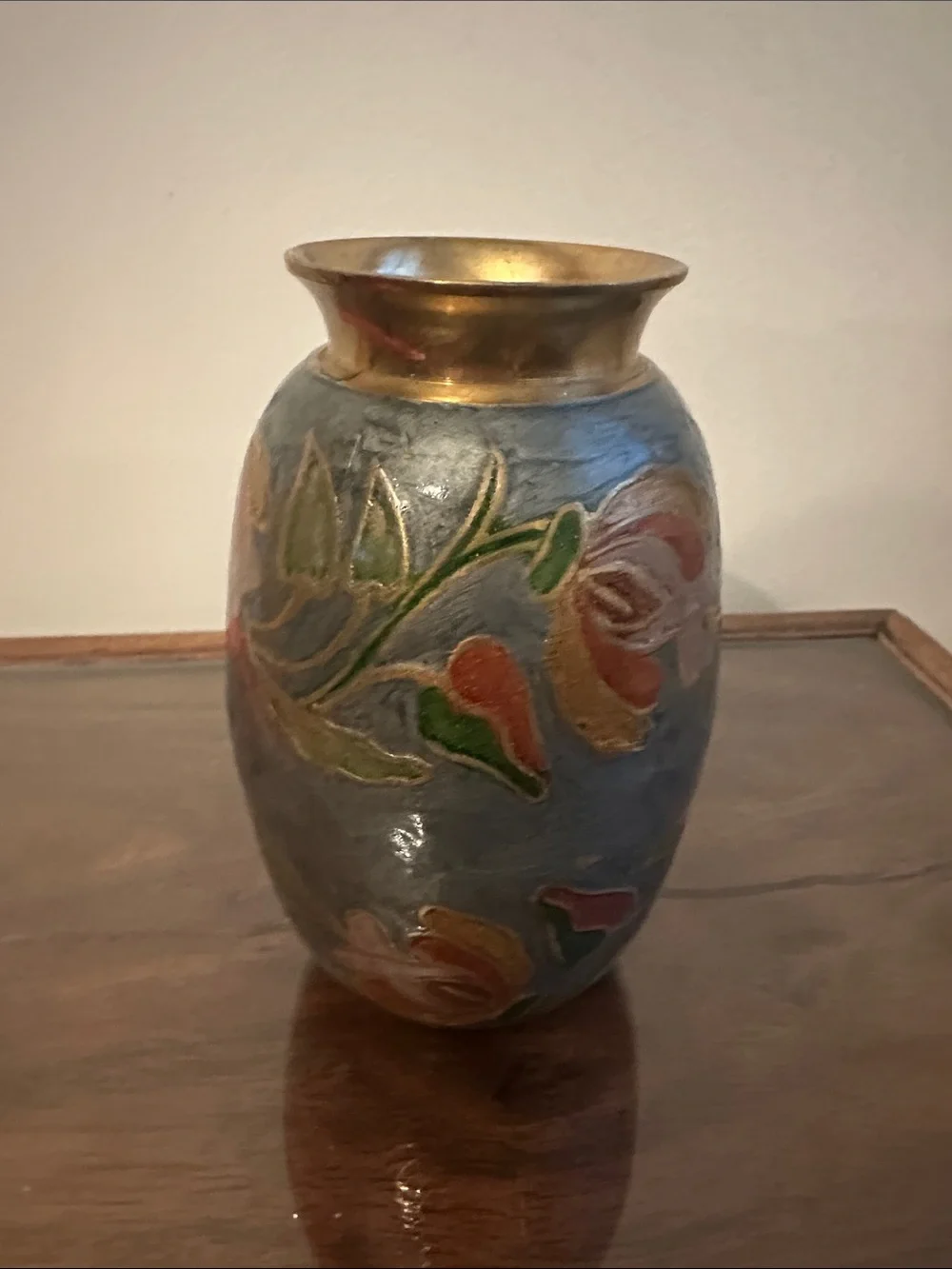 Vintage India Brass-Enamel Floral Vase in Blue and Gold